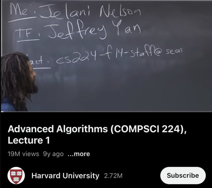 The image shows a YouTube thumbnail for Harvard University's "Advanced Algorithms (COMPSCI 224), Lecture 1" featuring Jelani Nelson and TF Jeffrey Yan, written on a chalkboard along with what appears to be a course email address. The connection to "Bullish for Hyperliquid" is unclear from the image alone, as no Hyperliquid-related text, numbers, or tickers are visible in the screenshot.