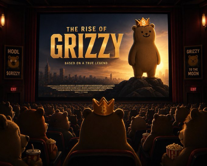 The image shows a group of teddy bears sitting in chairs, watching a movie with a large screen TV displaying "The Rise of Grizzly". A bear wearing a crown sits among them, indicating that this could be a special event or premiere for the movie. The post suggests that people are excited about the movie's release and are eager to watch it together.