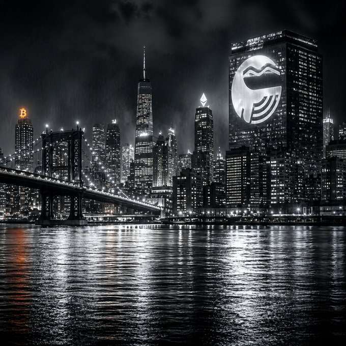 A dramatic black-and-white nightscape of the New York City skyline features the Manhattan Bridge and towering skyscrapers, with a prominent "B" Bitcoin logo illuminated on one building and the "MOBICK" branding displayed on another. The image visually reinforces the post's narrative of bridging traditional finance with onchain markets, symbolizing a Bitcoin hard fork's emergence within the established financial landscape.