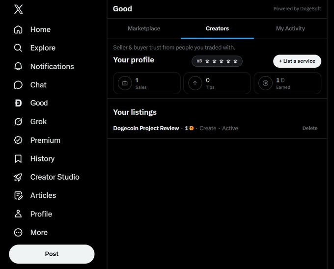 A screenshot of the X platform's "Good" marketplace showing a Creator profile with stats (1 Sales, 0 Tips, 1 Earned) and a listing for "Dogecoin Project Review."