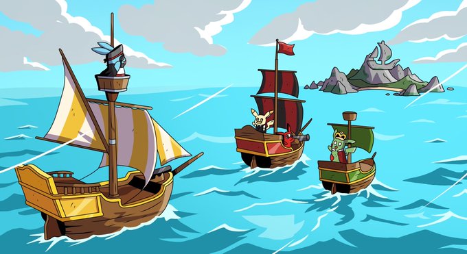 Three cartoon pirate ships sail across a bright blue sea toward rocky islands, with the central vessel flying a red skull flag and carrying characters including a red devil and white creatures, fitting the "Katchu" NFT collection's chaotic pirate theme announced on OpenSea with a 3,000 supply minting today at 14:30 UTC.