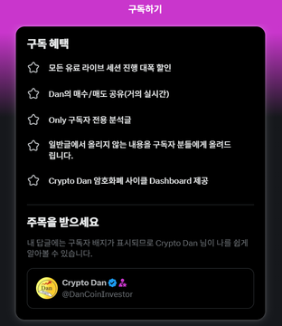 A mobile app subscription screen in Korean for 'Crypto Dan' (@DanCoinInvestor), highlighting benefits like all-in-one Daneum, exclusive community access, and dashboard features.