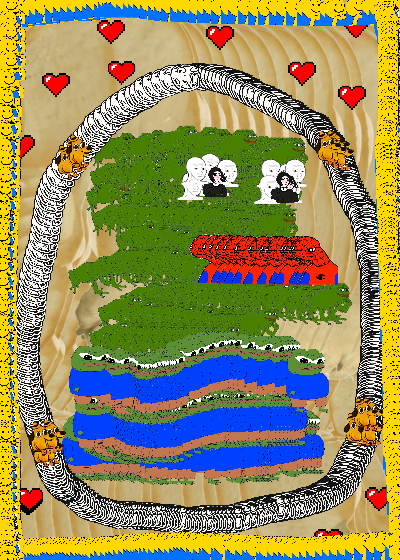 A pixel-art landscape illustration framed by an ornate border, featuring a green forested area with a red-roofed house, sheep, and a blue river, set against a wooden background decorated with pixel hearts.