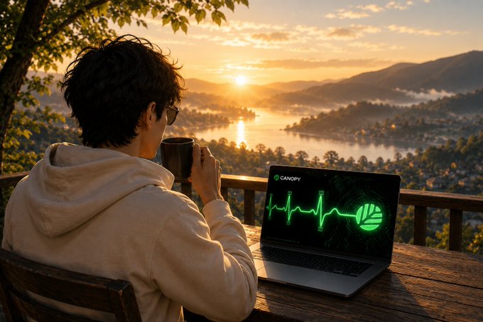 A person in a beige hoodie sips coffee while sitting at a wooden table overlooking a sunset over a river valley, with a laptop displaying 'CANOPY' and a green heartbeat line beside a leaf logo.