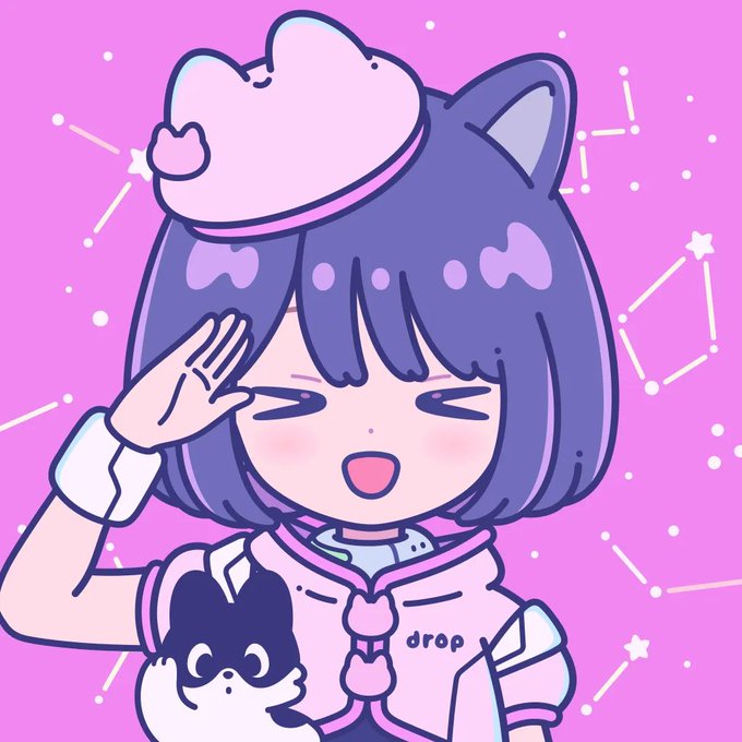 An anime-style illustration of a character with purple hair and cat ears wearing a beret, doing a salute with one hand, with the text 'drop' visible on their jacket, set against a pink background with stars.