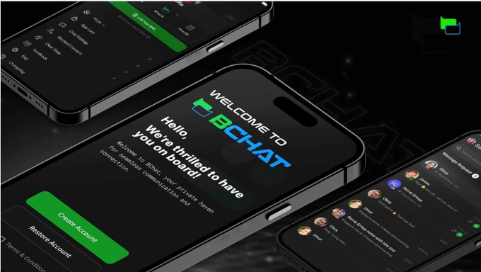 The image showcases three smartphone mockups displaying the dark-themed interface of "BChat" with welcome messaging reading "WELCOME TO BChat – Hello, We're thrilled to have you on board!" alongside a "Create Account" prompt, and a chat screen showing message threads. This visually supports the post by highlighting BChat as a privacy-focused messaging browser feature offered by the Beldex ecosystem, emphasizing anonymous communication without tracking.

Key visible text: "WELCOME TO BChat", "Hello, We're thrilled to have you on board!", "Create Account", "Restore Account", "Terms & Conditions", and "BCHAT" branding.