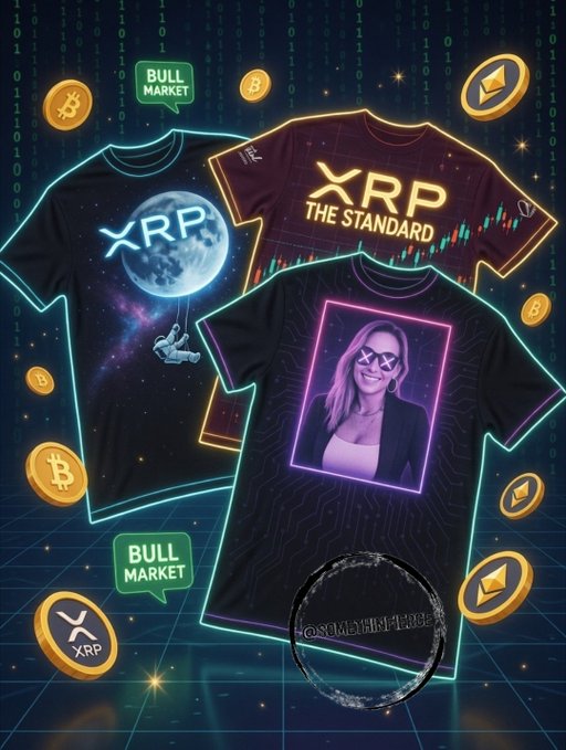 A promotional graphic featuring three XRP-themed t-shirts displayed against a dark background with binary code, including designs with the XRP moon, 'XRP THE STANDARD', and a portrait, accompanied by 'BULL MARKET' speech bubbles and Bitcoin/Ethereum coins.