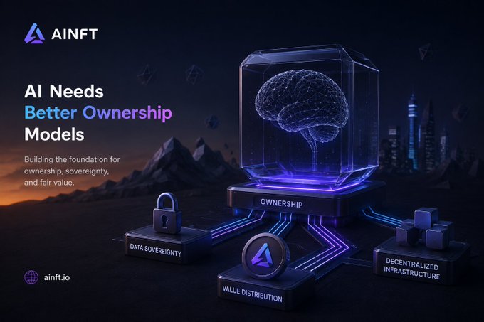 A promotional graphic for 'AINFT' with the headline 'AI Needs Better Ownership Models' and subtext 'Building the foundation for ownership, sovereignty, and fair value.', featuring a 3D brain and icons for data sovereignty, value distribution, and decentralized infrastructure.