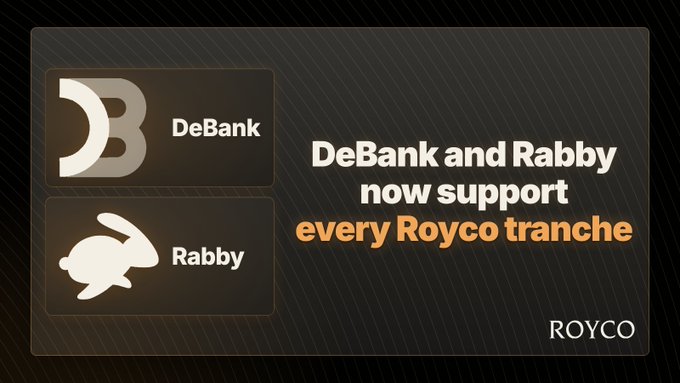 An announcement graphic stating 'DeBank and Rabby now support every Royco tranche,' featuring the logos for both platforms alongside the Royco branding.