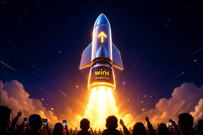 A rocket emblazoned with "WINkLink" blasts off into a starry sky as a crowd captures the launch on phones, symbolizing the upward trajectory and visibility of the on-chain credit and identity verification system.