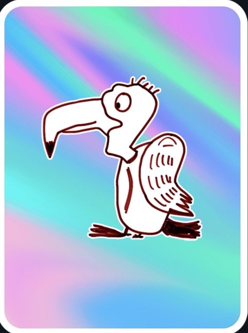 Digital illustration of a cartoon pelican with a large beak and one visible eye, drawn in a sketchy style against a holographic rainbow gradient background.