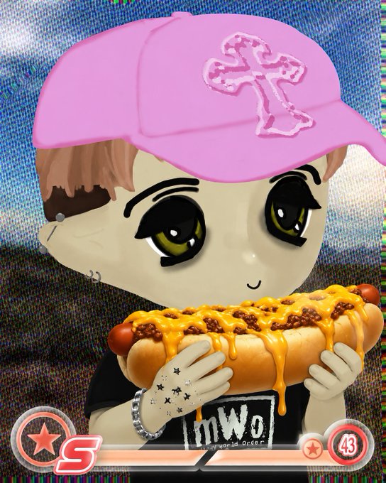 A cartoon-style illustration of a character with large green eyes wearing a pink cap with a cross design, holding a chili cheese hot dog, with a "43" badge and other UI elements visible.