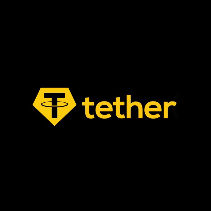 The Tether logo in gold on a solid black background, featuring a stylized 'T' inside a hexagonal gem symbol next to the brand name.