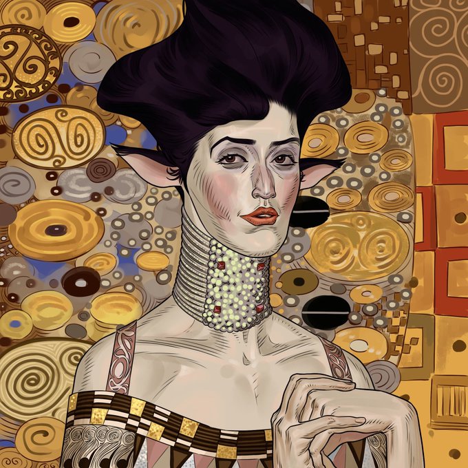 A stylized, Art Nouveau-inspired portrait depicts a pale woman with pointed ears, dark styled hair, and a pearl choker necklace, set against a complex golden and brown patterned background reminiscent of Gustav Klimt.