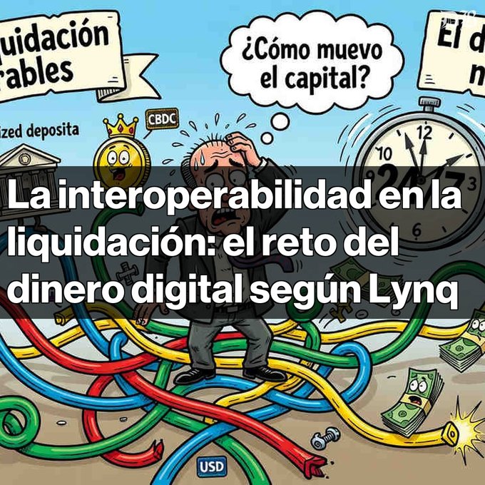 Cartoon illustration of a confused man tangled in colorful cables with USD, CBDC, and a stopwatch, titled 'La interoperabilidad en la liquidación: el reto del dinero digital según Lynq'.