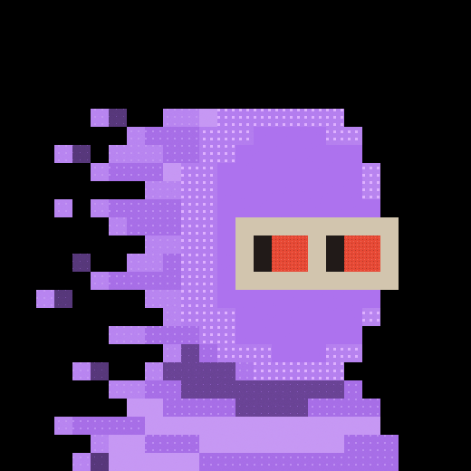 A pixel art illustration of a purple ninja-like character with a white mask featuring two red eyes, dissolving into purple pixel particles on the left side.