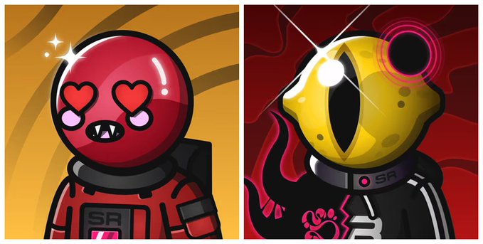 A side-by-side cartoon illustration of two characters wearing space suits labeled 'SR', one red with heart-shaped eyes on the left and one yellow with a single large eye on the right.