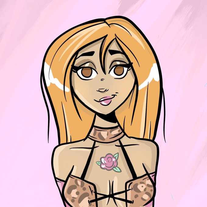 A cartoon-style illustration of a girl with long blonde hair, brown eyes, and leopard print sleeves, featuring a rose tattoo on her chest against a pink background.