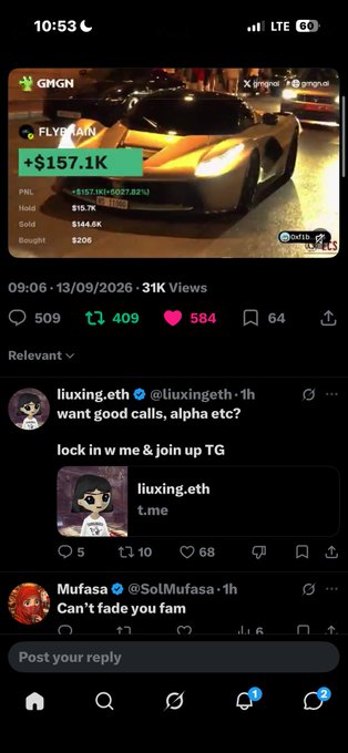 A Twitter/X mobile screenshot showing a GMGN token tracking post for "FLYBRAIN" at +$157.1K, with replies from "liuxing.eth" offering calls and "Mufasa @SolMufasa" replying "Can't fade you fam".