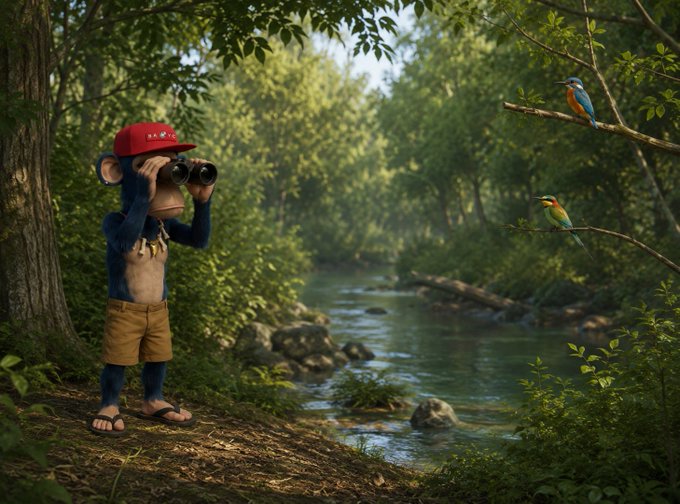 A monkey character wearing a red cap and binoculars stands in a forest beside a stream, watching two kingfishers perched on a branch.