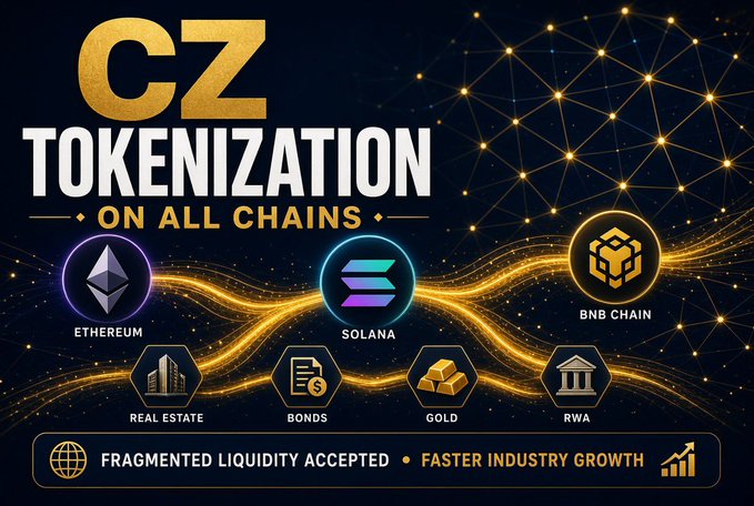A promotional graphic for CZ Tokenization on all chains, showing icons for Ethereum, Solana, BNB Chain, Real Estate, Bonds, Gold, and RWA with the text 'FRAGMENTED LIQUIDITY ACCEPTED • FASTER INDUSTRY GROWTH'.