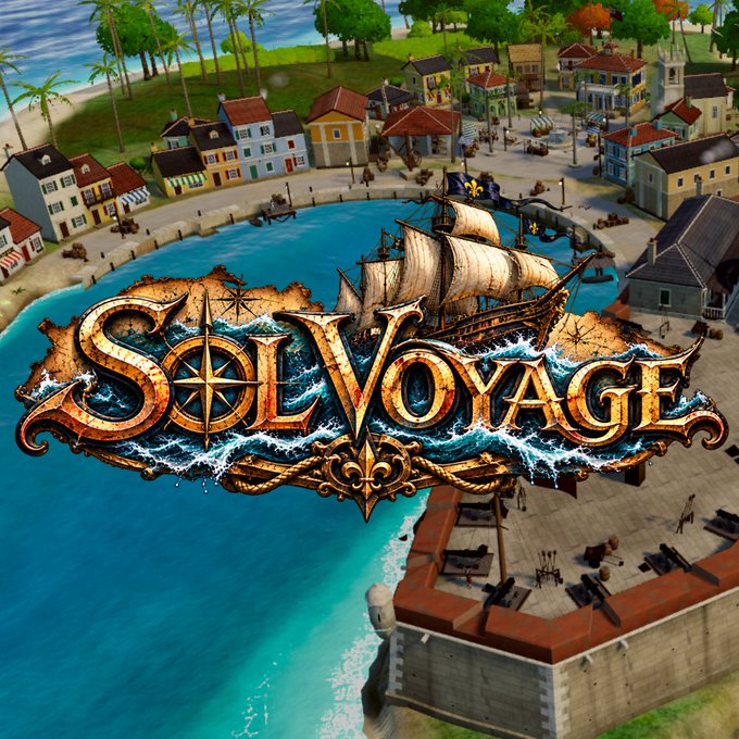 The image showcases the title "Sol Voyage" in ornate, golden lettering with a compass and sailing ship, set against a vibrant coastal port town with palm trees and turquoise waters. The caption reads: "Live now: Play Sol Voyage, an immersive nautical adventure where players earn $Voyage tokens at solvoyage.app."
