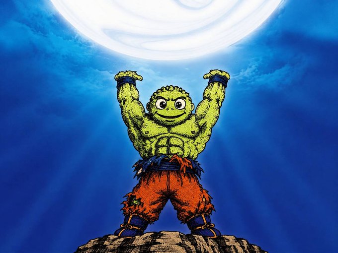 A pixel-art style illustration of a muscular green creature with orange pants and blue boots standing triumphantly with arms raised on a rocky cliff, with a bright moon and sun rays in a blue sky behind it.
