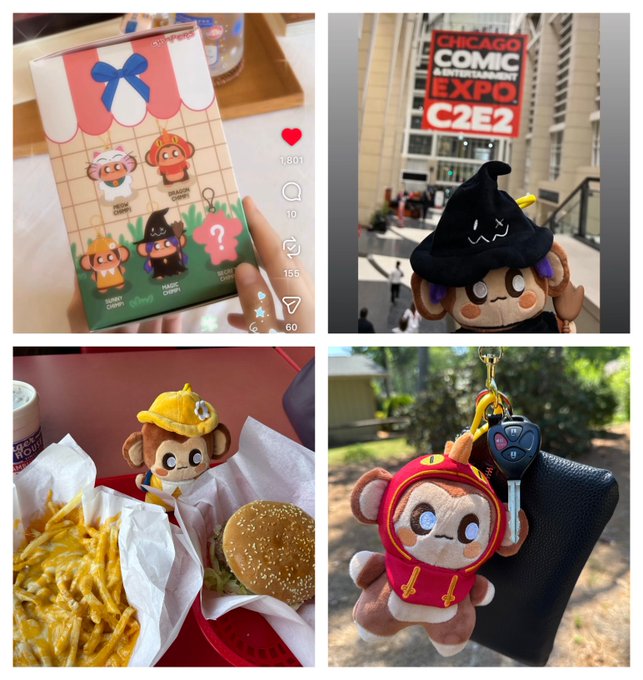 The image consists of four photos featuring a stuffed monkey toy as the main subject. The first photo shows the monkey sitting next to a plate of food, including a hamburger and fries. The second photo captures the monkey wearing a hat with a bow on its head. The third photo displays the monkey holding a keychain in one hand and another keychain in the other hand. The fourth photo features the monkey standing up against a backdrop that includes a book titled "Proliferating every day beyond the space. Real people, step by step, discovering and falling in love with the world of Chimpers".