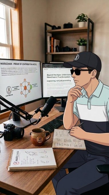 An illustrated creator sits at a desk with dual monitors displaying "MARSCHAIN: PROOF OF CONTRIBUTION MODEL" and "Beyond the Hype: Understanding MarsChain's True Ecosystem—explaining, not just promoting," alongside a notebook labeled "MARSCHAIN." The image visually reinforces the post's theme by depicting thoughtful content creation rooted in MarsChain's contribution-based ecosystem philosophy, rather than superficial promotion.
