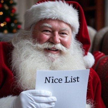 Santa Claus with a white beard, wearing a traditional red suit, smiles while holding up a small white card that reads 'Nice List'.
