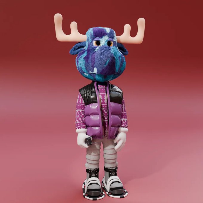A designer art toy figurine of a purple and blue furry character with large moose antlers, wearing a purple puffer vest, patterned sweater, and large sneakers.