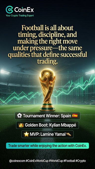 This is a promotional graphic from CoinEx featuring the World Cup trophy centered on a football pitch with rising green candlestick charts in the background. Key text includes "Your Crypto Trading Expert," the tagline comparing football to trading, and tournament highlights: "Tournament Winner: Spain 🇪🇸," "Golden Boot: Kylian Mbappé," and "MVP: Lamine Yamal." The image visually reinforces the post's message by juxtaposing the World Cup trophy with bullish trading charts, symbolizing how momentum in both football and crypto markets can shift in an instant.