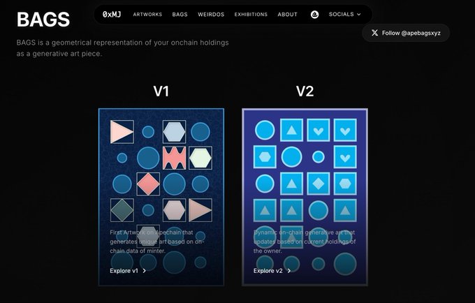 A dark-themed website screenshot for "BAGS," described as a geometrical representation of onchain holdings as a generative art piece, displaying two versions (V1 and V2) of artwork with abstract shapes.