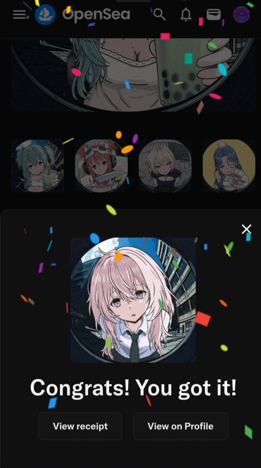 OpenSea NFT marketplace celebration screen showing 'Congrats! You got it!' with confetti animation, featuring the same pink-haired anime character NFT alongside other collectible thumbnails.