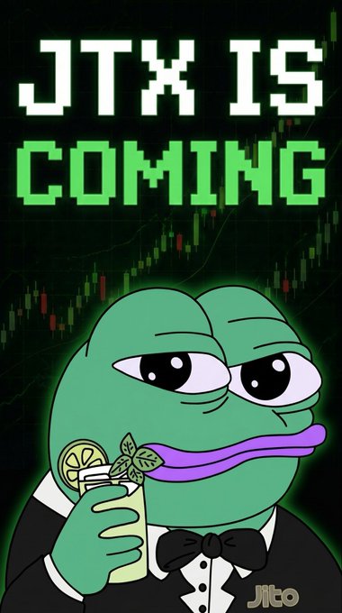 A Pepe-style frog in a tuxedo holding a cocktail, with pixelated text 'JTX IS COMING' against a green candlestick chart background, branded with 'Jito'.