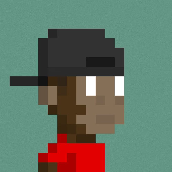 A low-resolution pixel art portrait of an ape character wearing a black cap and red shirt against a teal background, representing one of the Bored Ape Yacht Club NFTs being discussed as a new acquisition in the post.