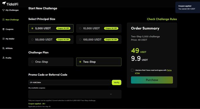 A TidalFi trading platform interface showing a 'Start New Challenge' page with a Two-Step 5,000 USDT challenge selected, an order summary price of 49 USDT (discounted to 9.9 USDT), and a promo code applied.