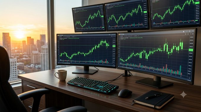 A trading desk setup with multiple monitors displaying green candlestick charts, featuring a keyboard, mouse, coffee mug, and a sunset cityscape view through the window.