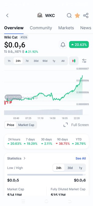 A CoinGecko chart showing WKC (Wiki Cat #526) with a current price of $0.06 and a 24h gain of 20.63%, visually supporting the claim of the token's strong recent performance.
