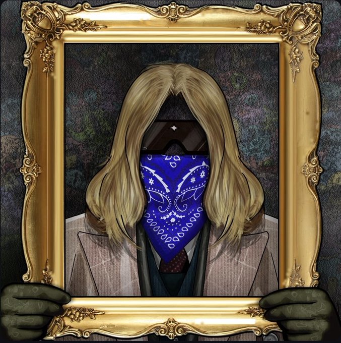 A framed portrait shows a figure with blonde hair, a pink plaid suit, and a blue bandana with white patterns covering their face, held by gloved hands against a dark background.