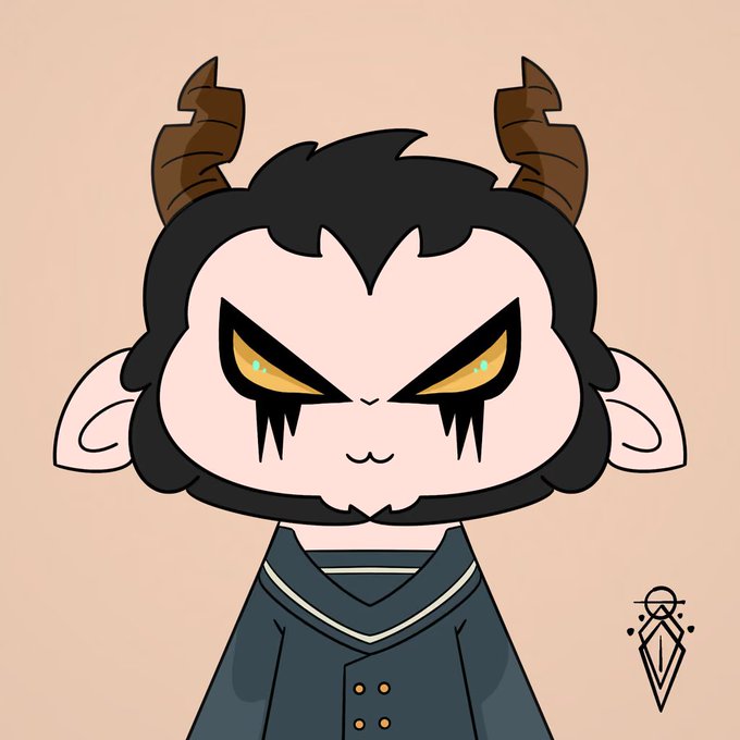 A chibi-style character with black fur, large curved brown horns, pointed ears, and striking golden-yellow eyes with dripping tear-like markings, wearing a dark teal V-neck shirt. The minimalist illustration, signed with a small geometric logo in the bottom right, depicts a stylized avatar that complements the post about minting from the NibblinsHQ NFT project.