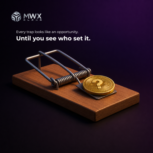A wooden mousetrap baited with a gold coin bearing a question mark sits beneath the MWX Alpha logo and the tagline "Every trap looks like an opportunity. Until you see who set it." The image visually reinforces the post's message about hidden market manipulation—mirroring how "the bait is always visible" while the true trap (the one accumulating positions) remains unseen, just as MWX Alpha aims to reveal.