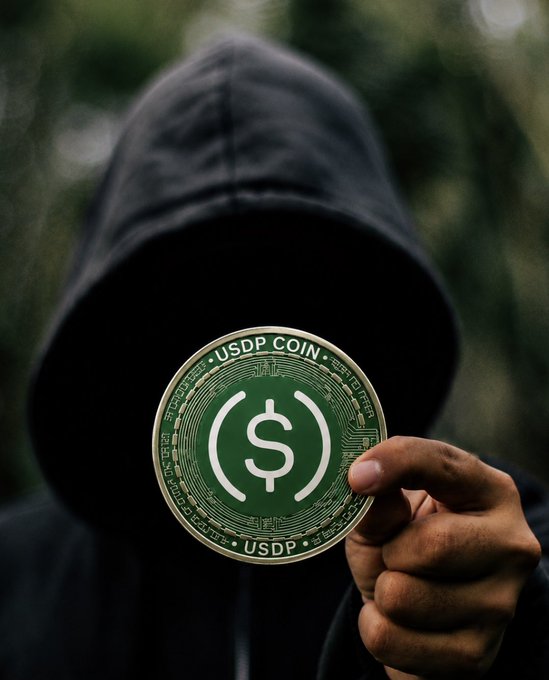 A mysterious hooded figure holds up a green physical coin labeled 'USDP COIN' featuring a dollar sign, representing the Pax Dollar stablecoin.