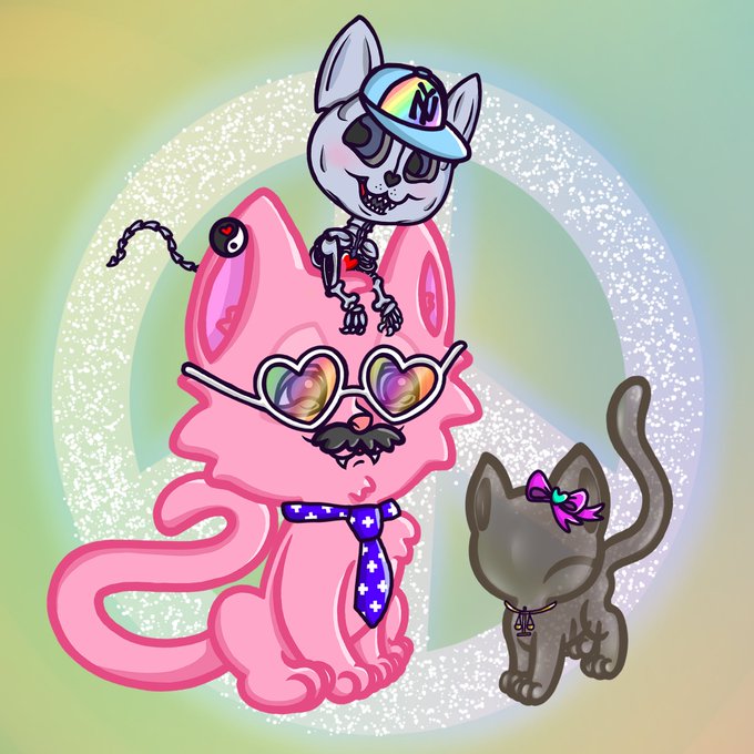 A whimsical digital illustration features three anthropomorphic cats: a large pink cat wearing rainbow heart-shaped sunglasses, a blue tie with white crosses, and a small mustache; a skeletal cat perched on its head wearing a rainbow visor with "NM" initials; and a small gray kitten with a purple bow beside it, all set against a rainbow gradient background with a sparkly circular halo—fittingly celebrating "Fur Fathers" in a playful, heartfelt tribute to a father figure.