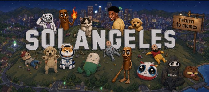 A parody of the Hollywood Sign reading 'SOLANGELES' set in a Los Angeles cityscape at night, featuring various internet meme characters including Pepe, Doge, Wojak, and others, with a wooden sign reading 'return to memes'.