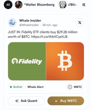 A mobile app screenshot showing a social feed post from Whale Insider (@WhaleInsider) reporting that Fidelity ETF clients purchased $29.28 million worth of $BTC, tagged as a Bullish Whale Alert with options to 'Ask Quant' and 'Buy WBTC'.