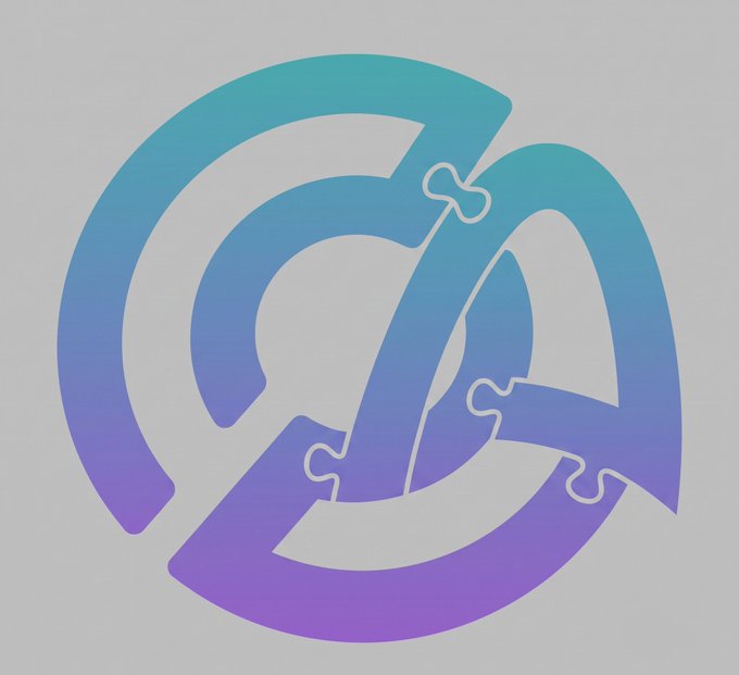 A stylized circular logo featuring interlocking puzzle-like shapes in a gradient of teal, blue, and purple against a light gray background.