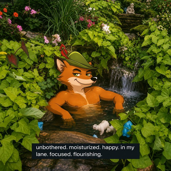 A cartoon fox, embodying the '$FOX' ticker, relaxes in a lush garden, text overlays reading "unbothered. moisturized. happy. in my lane. focused. flourishing." This imagery reflects the sentiment that "$FOX never worries. Money always finds its way back to the trenches."