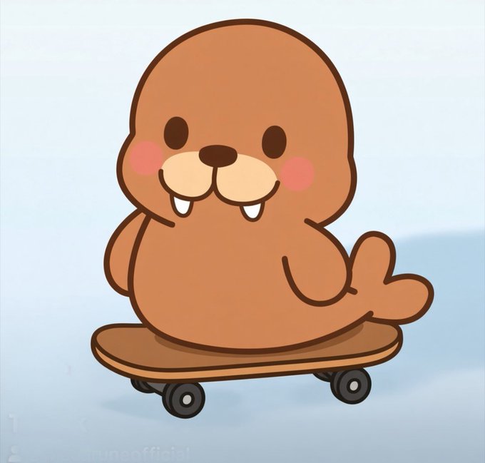 A simple cartoon illustration of a smiling brown walrus character riding on a wooden skateboard against a light blue background.