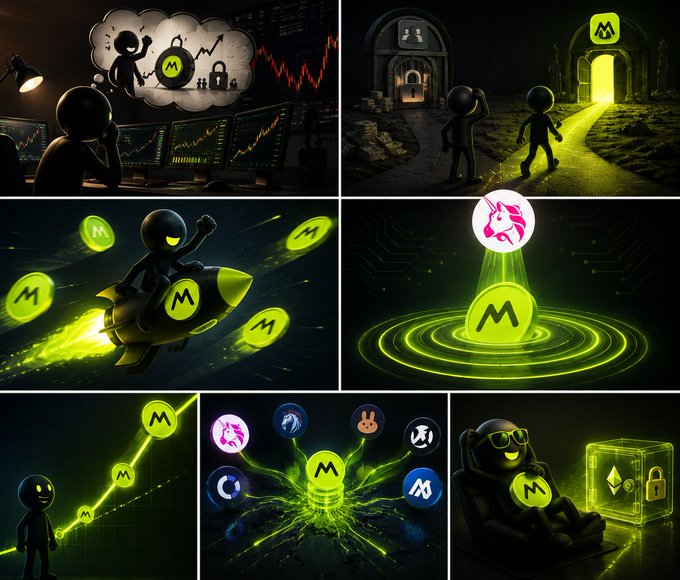 A six-panel comic-style image featuring black stick-figure characters interacting with glowing green 'M' logos representing crypto/Monero, depicting trading, vaults, rocket launches, and mining themes.